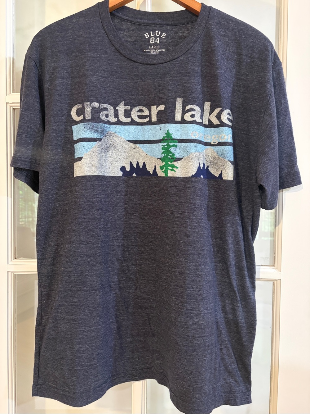 Crater Lake Oregon Dark Blue Heather Graphic T-Shirt Pine Tree Mountain Crewneck